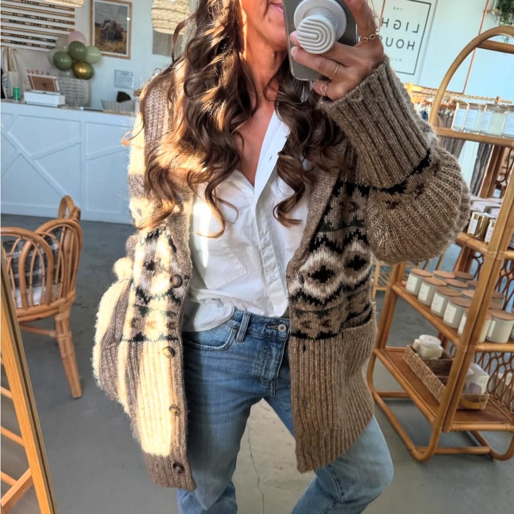 New Western Cowichan Print Long Brown Cardigan Sweater Thick Chunky Knit